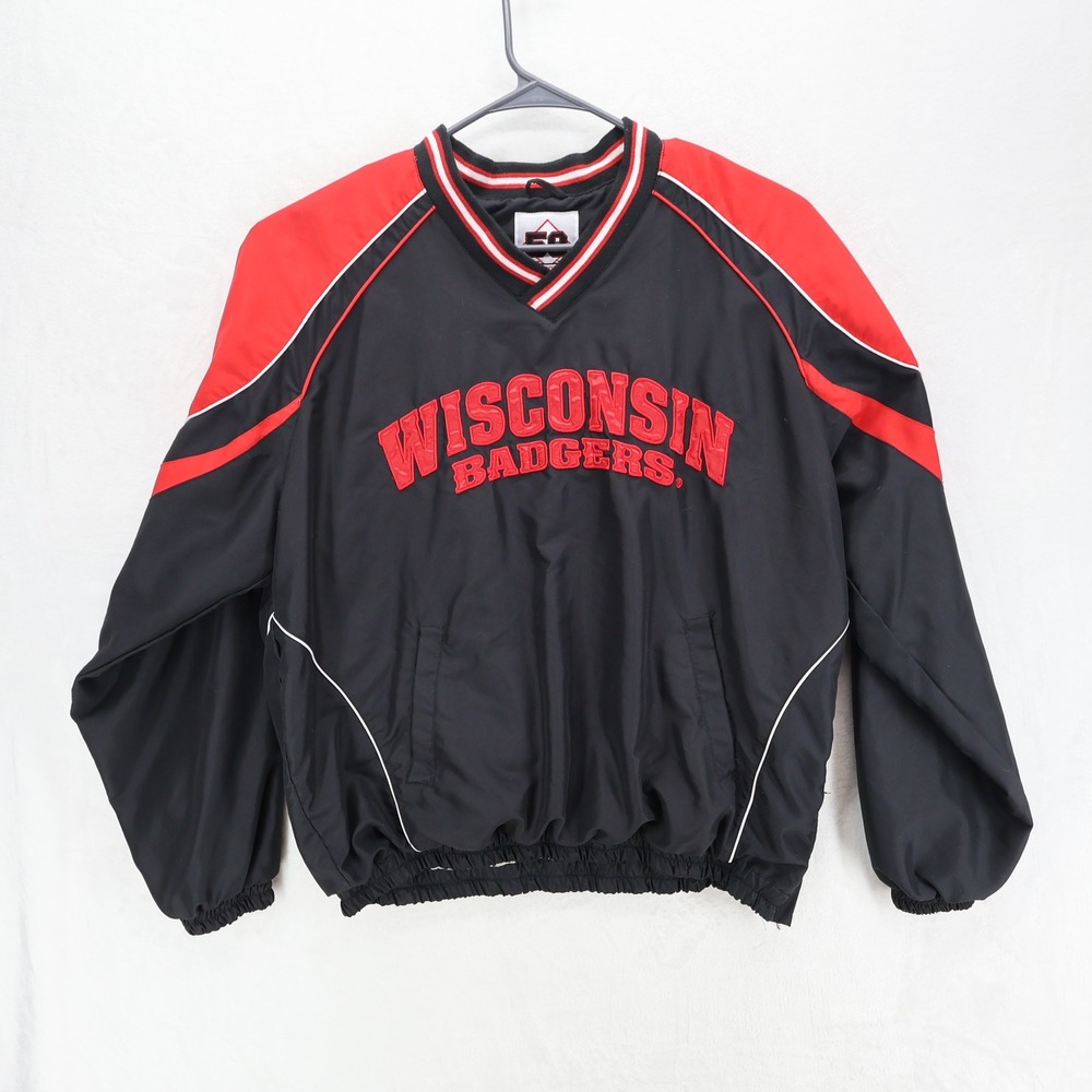58 Sports Wisconsin Badgers Mens XL Windbreaker Pullover Jacket Black Red